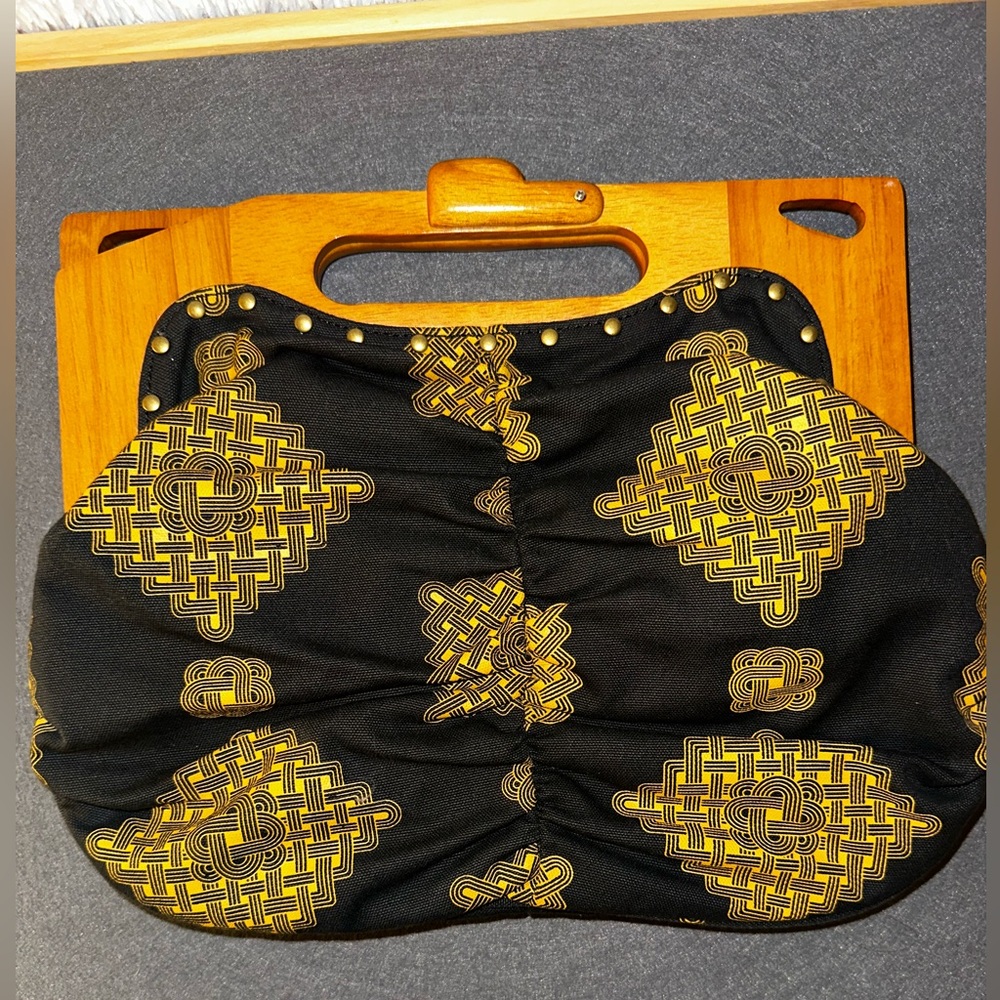 Jasper and Jeera Wood handle Black Celtic pattern Handbag- Anthropologie